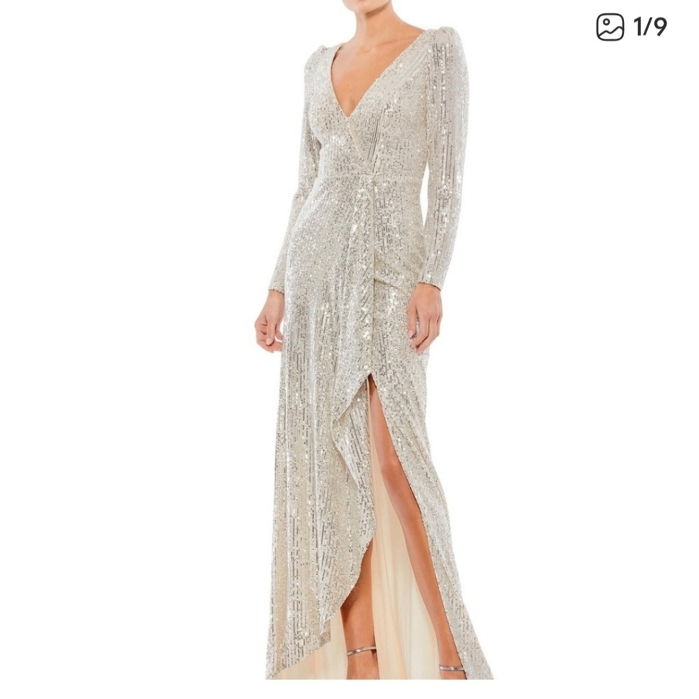 Mac Duggal Sequin High Slit Long Sleeve Gown with sweep train